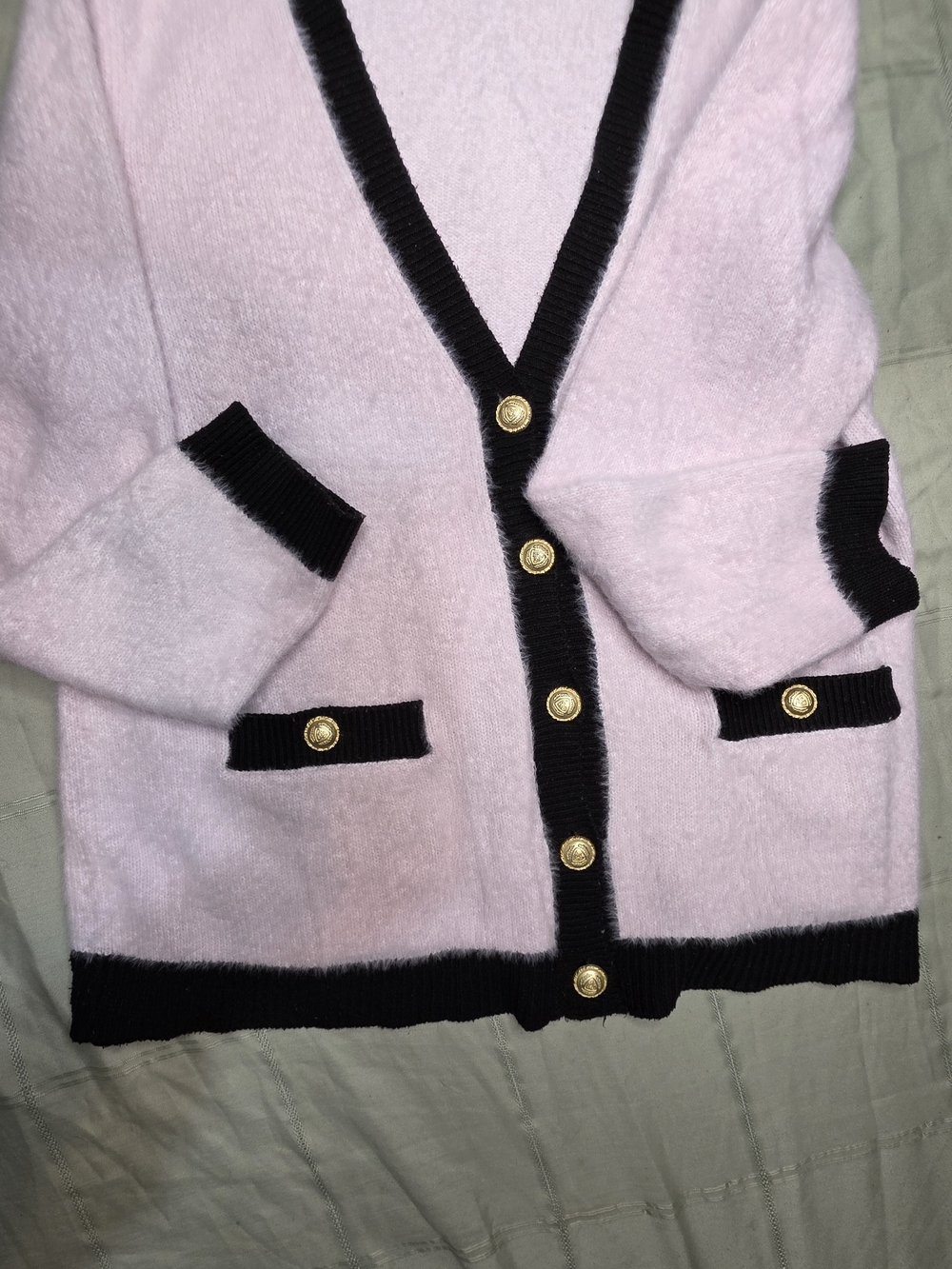 Tahari Pink Fuzzy Knit Cardigan Black Contrast Trim Gold Crest Buttons XL